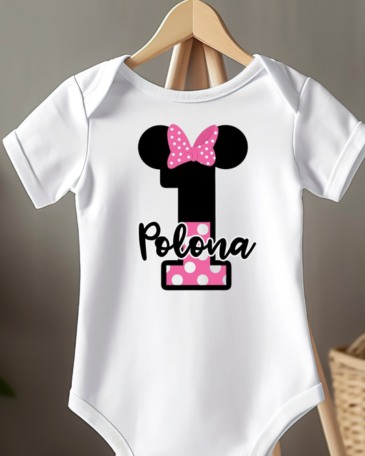 Bodi za dojenčka z motivom Minnie Mouse in imenom – personaliziran bodi za prvi rojstni dan