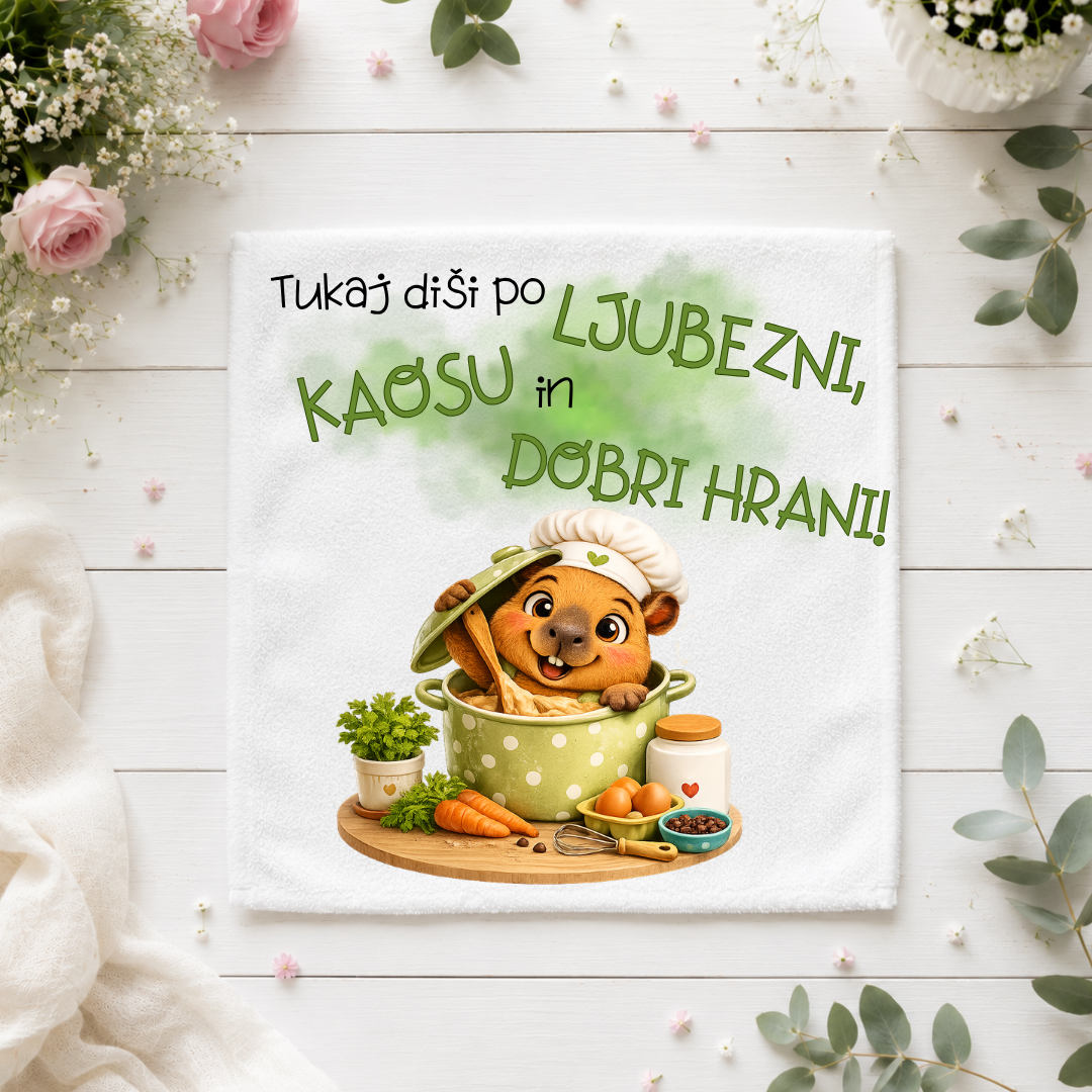 Kuhinjska krpa - Tukaj diši po ljubezni, kaosu in dobri hrani