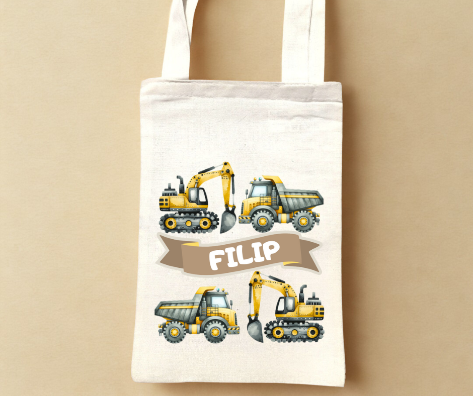 Otroška tote bag z motivom gradbenih vozil in imenom – personalizirana torba za malčke