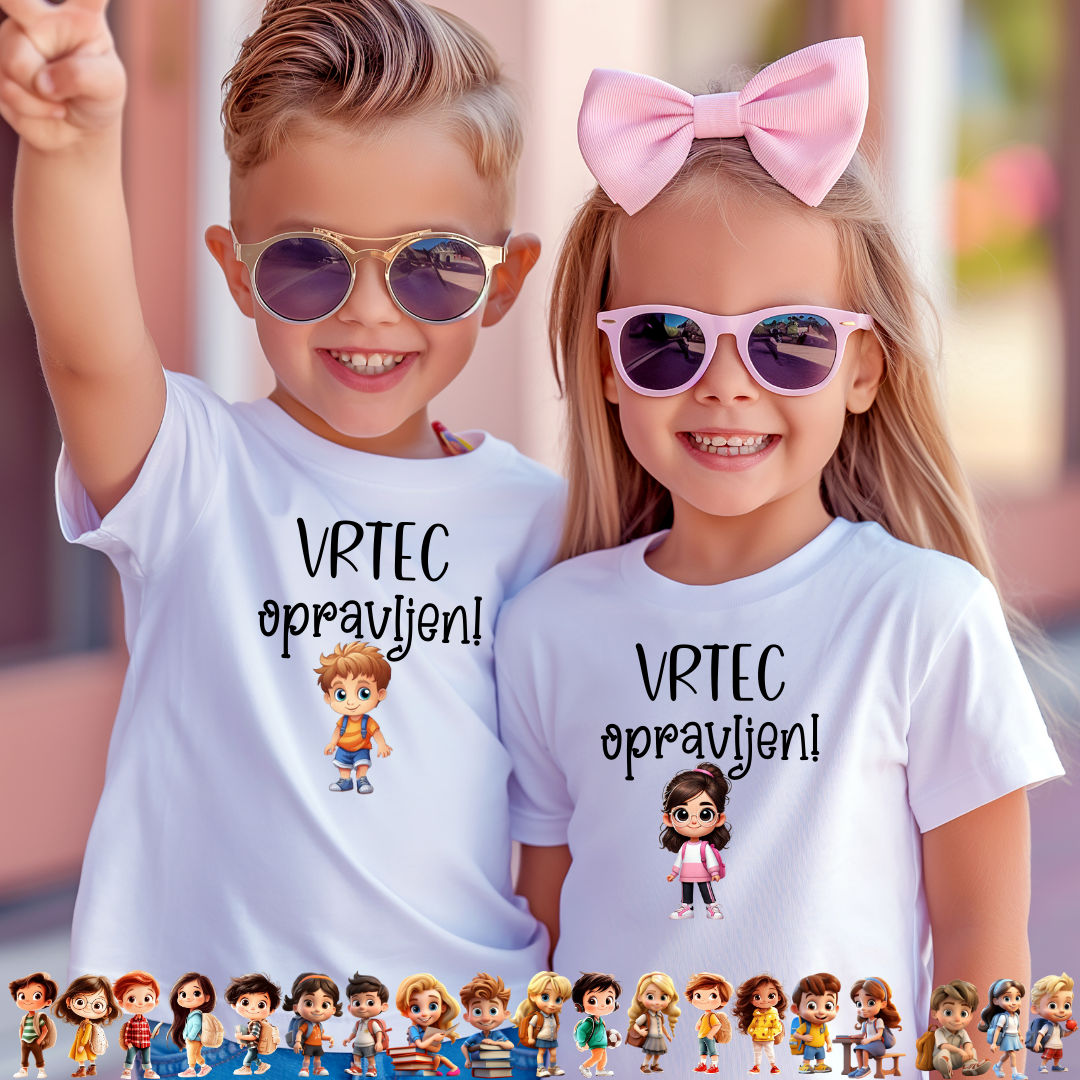 Majici z napisom Vrtec opravljen – personalizirano oblačilo za otroke ob vstopu v šolo