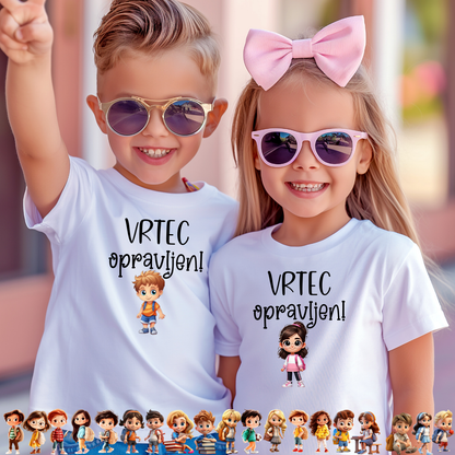 Majici z napisom Vrtec opravljen – personalizirano oblačilo za otroke ob vstopu v šolo