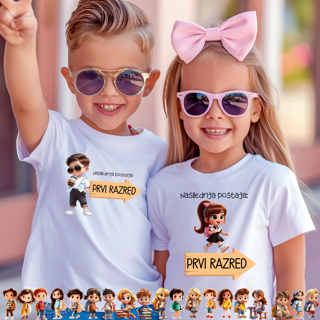 Majici z napisom Naslednja postaja: Prvi razred – personalizirano oblačilo za otroke ob vstopu v šolo