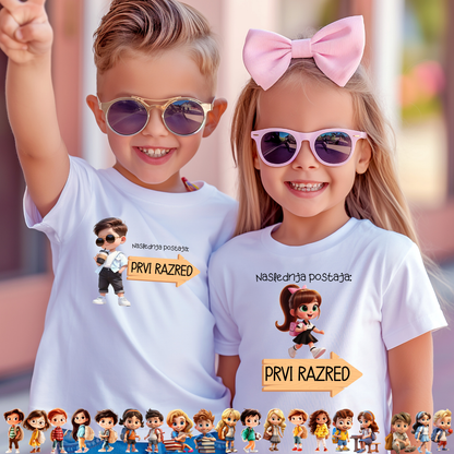 Majici z napisom Naslednja postaja: Prvi razred – personalizirano oblačilo za otroke ob vstopu v šolo