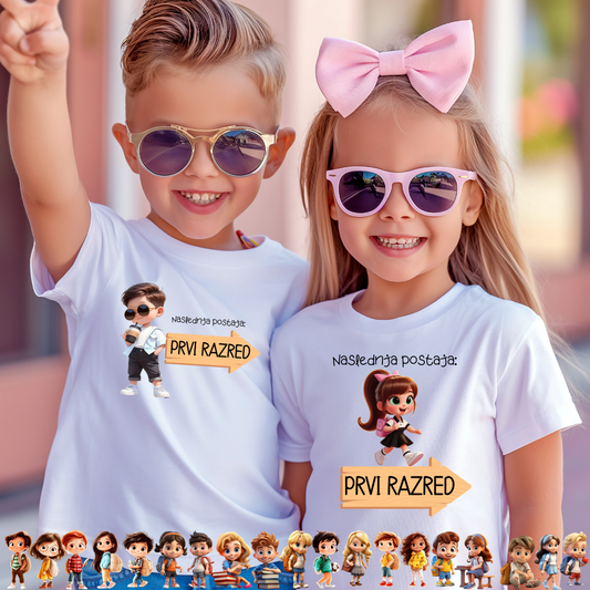 Majici z napisom Naslednja postaja: Prvi razred – personalizirano oblačilo za otroke ob vstopu v šolo