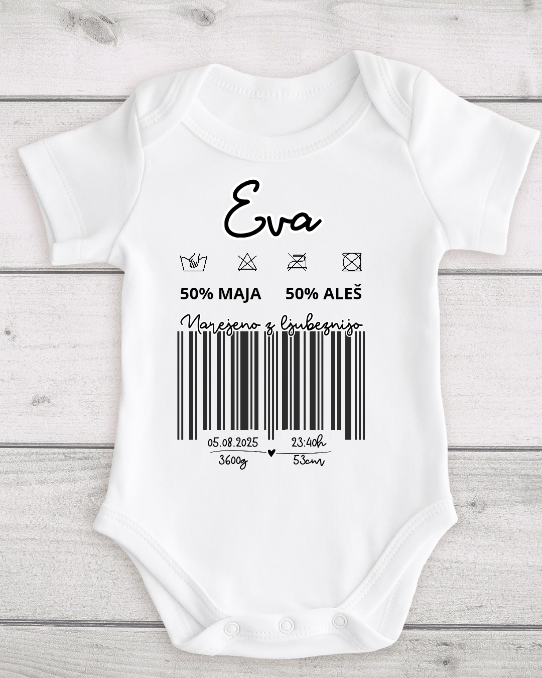 Personaliziran bodi z imenom, podatki o rojstvu in starših – unikatno darilo ob rojstvu dojenčka