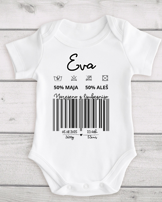 Personaliziran bodi z imenom, podatki o rojstvu in starših – unikatno darilo ob rojstvu dojenčka