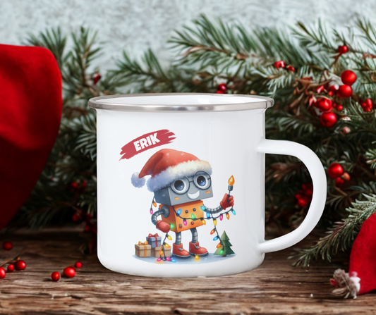 Božična emajlirana skodelica z motivom božičnega robota in imenom  – personalizirano darilo za otroke