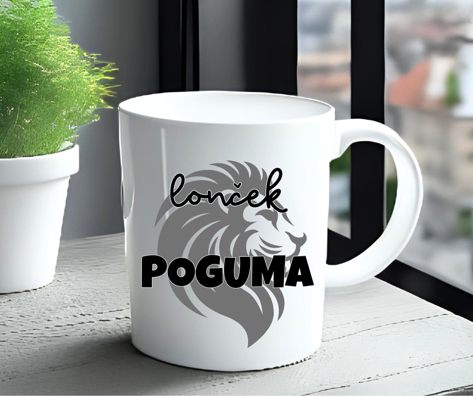 Skodelica z napisom Lonček poguma – darilo za partnerja, prijateljico ali mamo