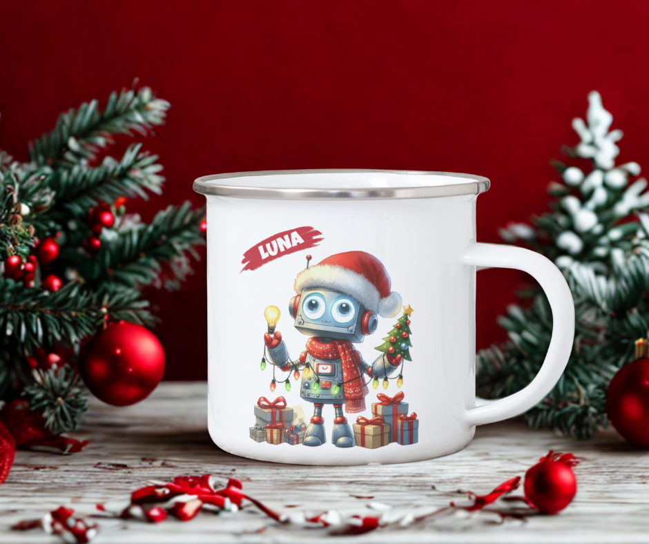 Božična emajlirana skodelica z motivom božičnega robota in imenom  – personalizirano darilo za otroke