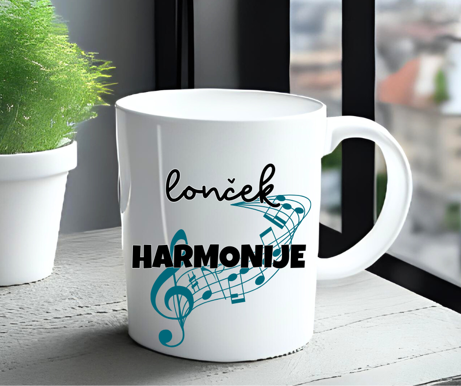 Skodelica z napisom Lonček harmonije – darilo za partnerja, prijateljico, učiteljico glasbe