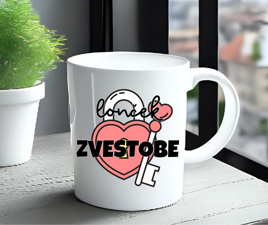 Skodelica z napisom Lonček zvestobe – darilo za partnerja, prijateljico ali mamo