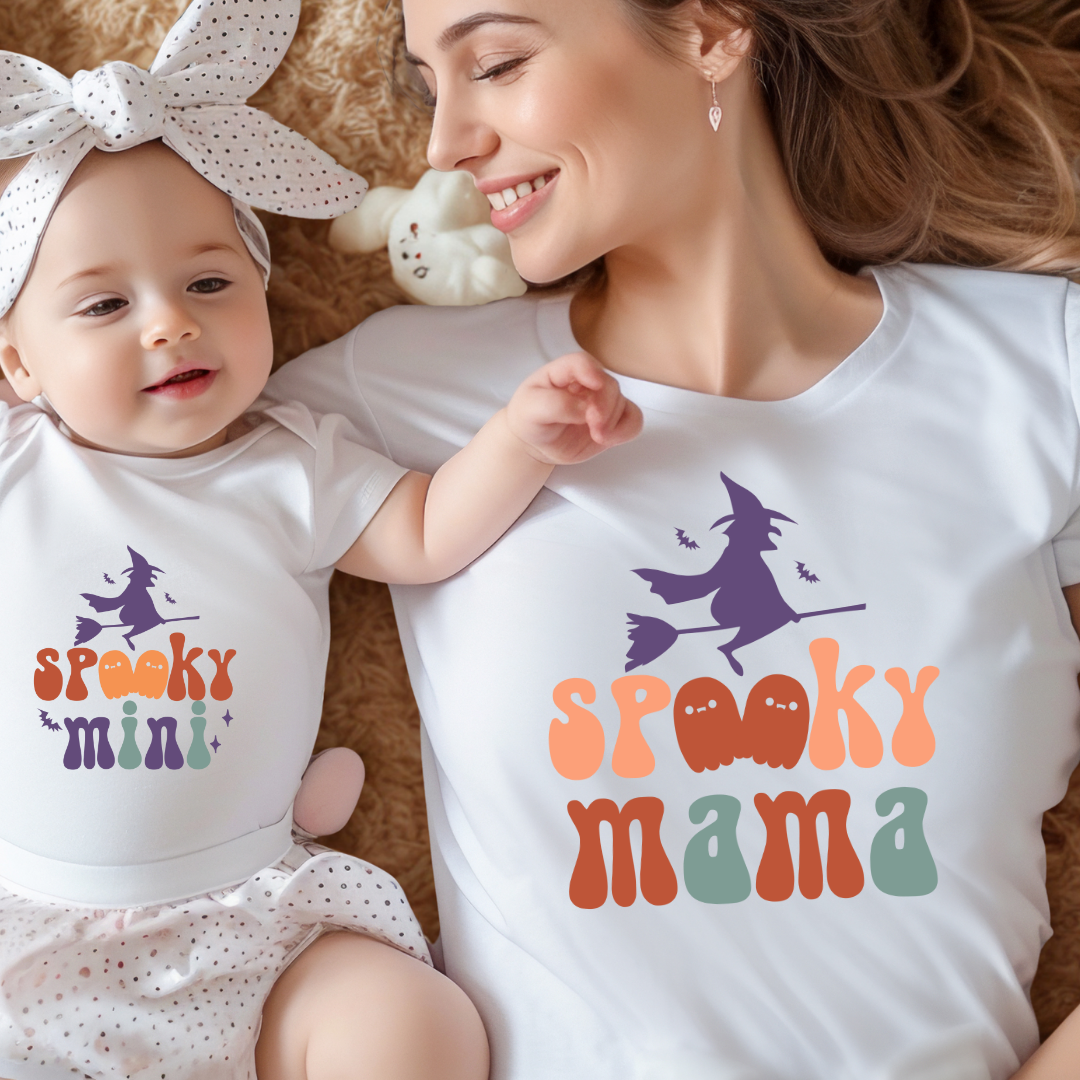 jemajoča Halloween oblačila za mamo in dojenčka – majica Spooky Mama in bodi Spooky Mini z motivom čarovnice