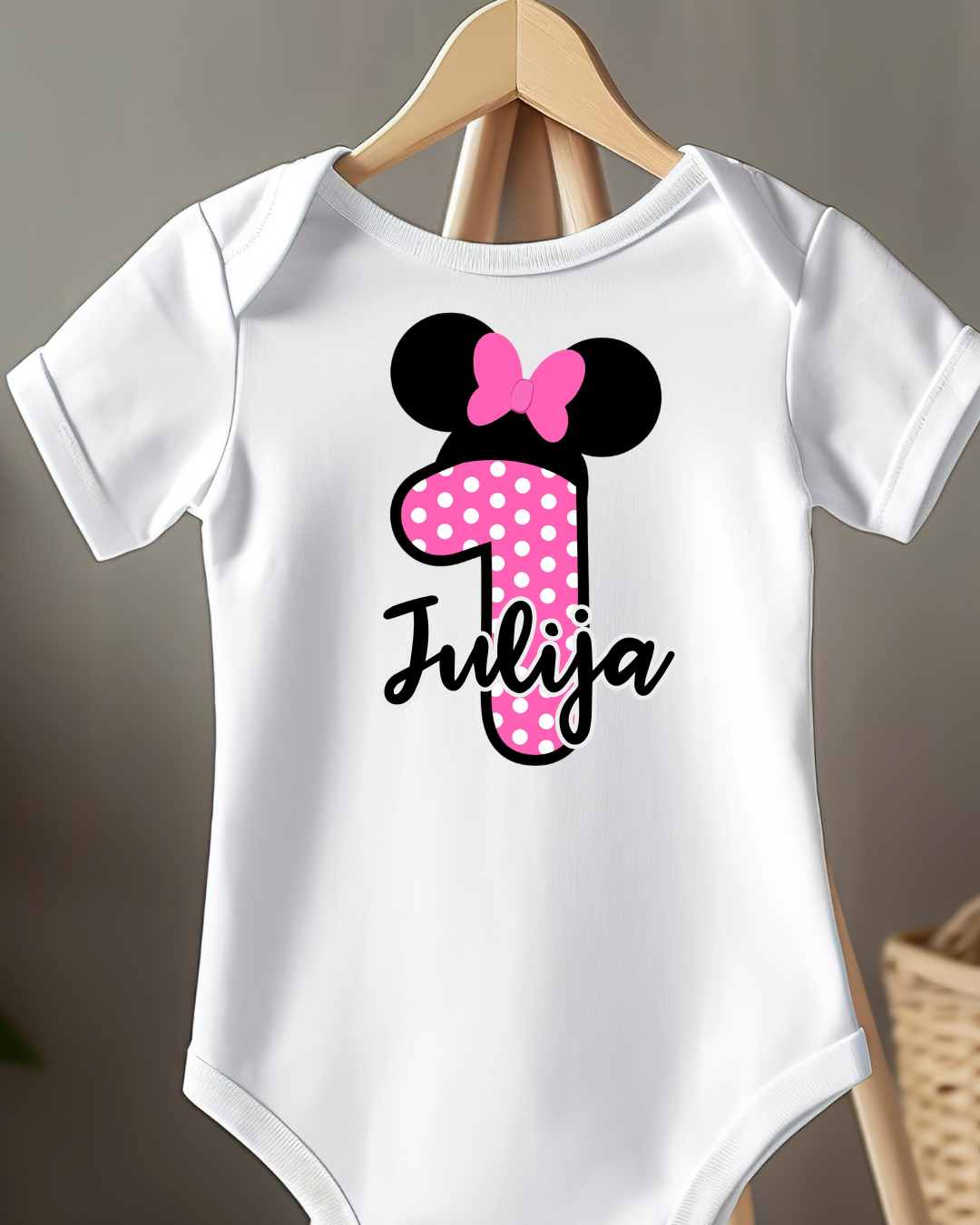 Bodi za dojenčka z motivom Minnie Mouse in imenom  – personaliziran bodi za prvi rojstni dan