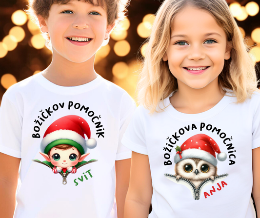 Božični majici za otroke z imenom – personaliziran dizajn z motivom Božičkovih pomočnikov