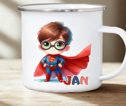 Personalizirana emajlirana skodelica z imenom in motivom superjunaka - za otroke