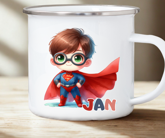 Personalizirana emajlirana skodelica z imenom in motivom superjunaka - za otroke