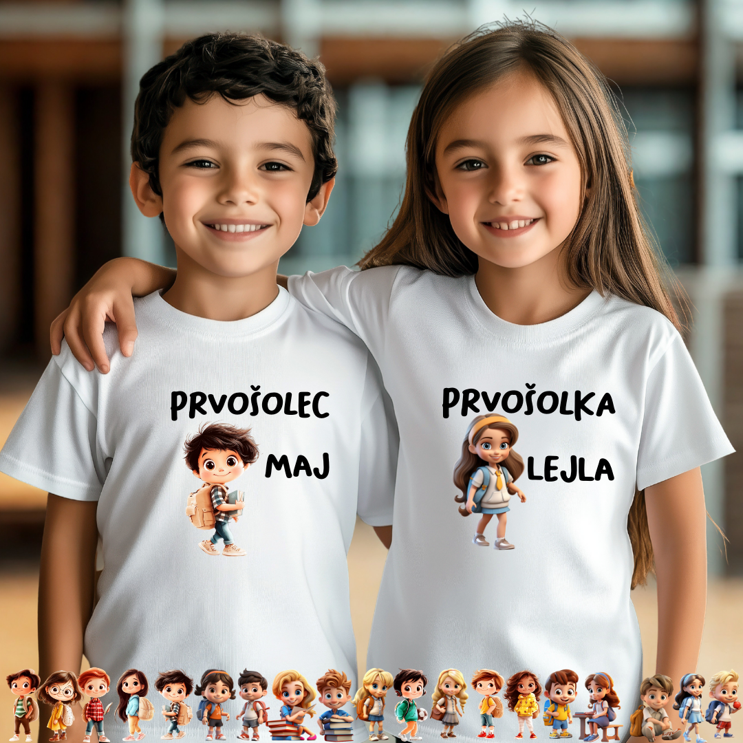 Majici z napisom Prvošolec ali prvošolka z imenom -  personalizirano oblačilo za otroke ob vstopu v šolo
