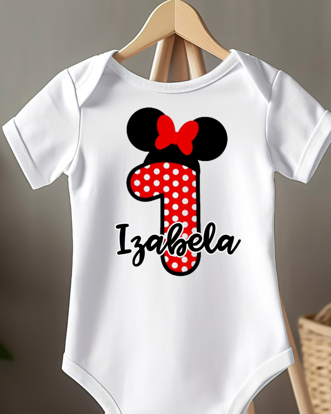 Bodi za dojenčka z motivom Minnie Mouse in imenom  – personaliziran bodi za prvi rojstni dan