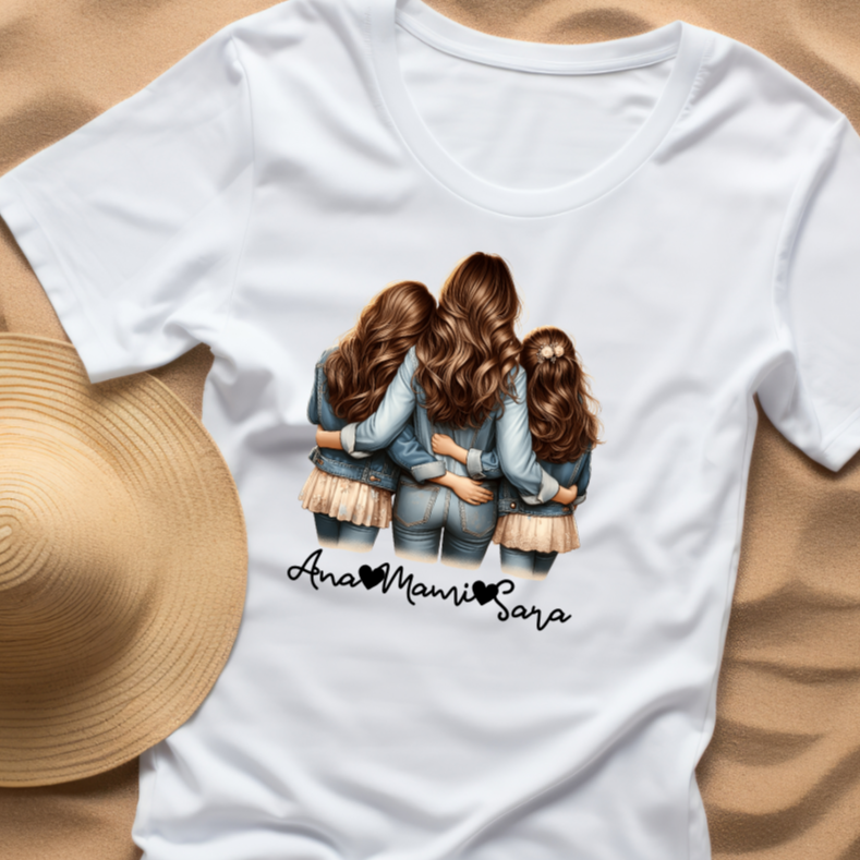 Majica z ilustracijo mame in dveh hčerk ter imena – personalizirano oblačilo za družinske trenutke