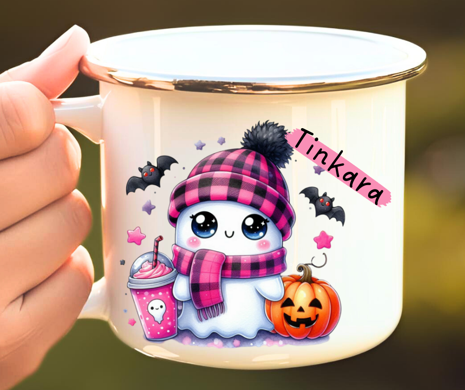 Emajlirana skodelica za otroke s tiskom duhca in buče - darilo za noč čarovnic