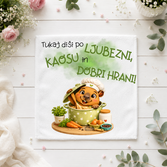 Kuhinjska krpa - Tukaj diši po ljubezni, kaosu in dobri hrani