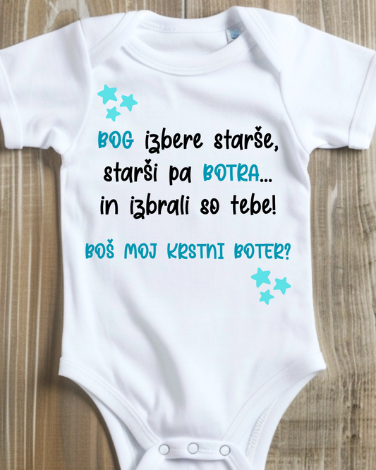 Bodi za dojenčka z vprašanjem Boš moj krstni boter – personalizirano darilo za krst
