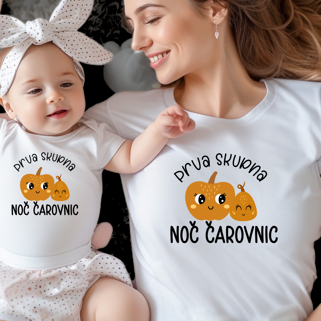 Ujemajoča oblačila za mamo in dojenčka z motivom bučk – darilo za prvo skupno noč čarovnic