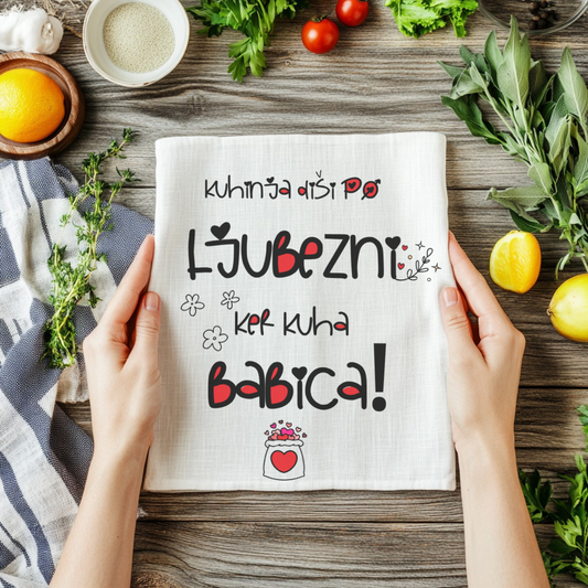 Kuhinjska brisača z napisom Kuhinja diši po ljubezni ker kuha babica – zabaven dodatek za kuhinjo
