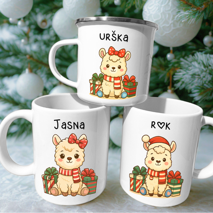 Božične ujemajoče družinske skodelice z imeni in motivom lame – personalizirano darilo za praznike