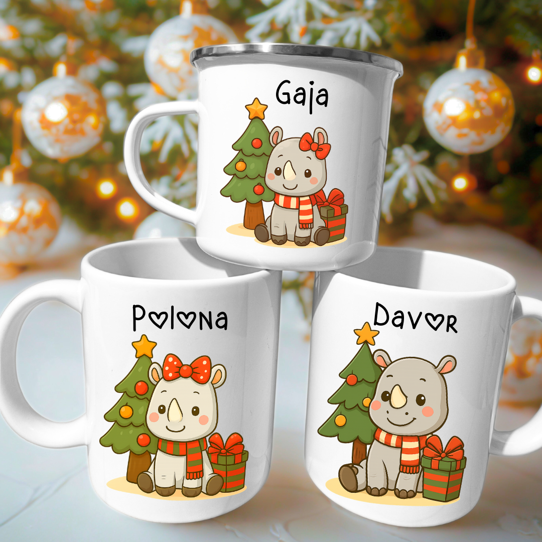 Božične ujemajoče družinske skodelice z imeni in motivom samoroga – personalizirano darilo za praznike