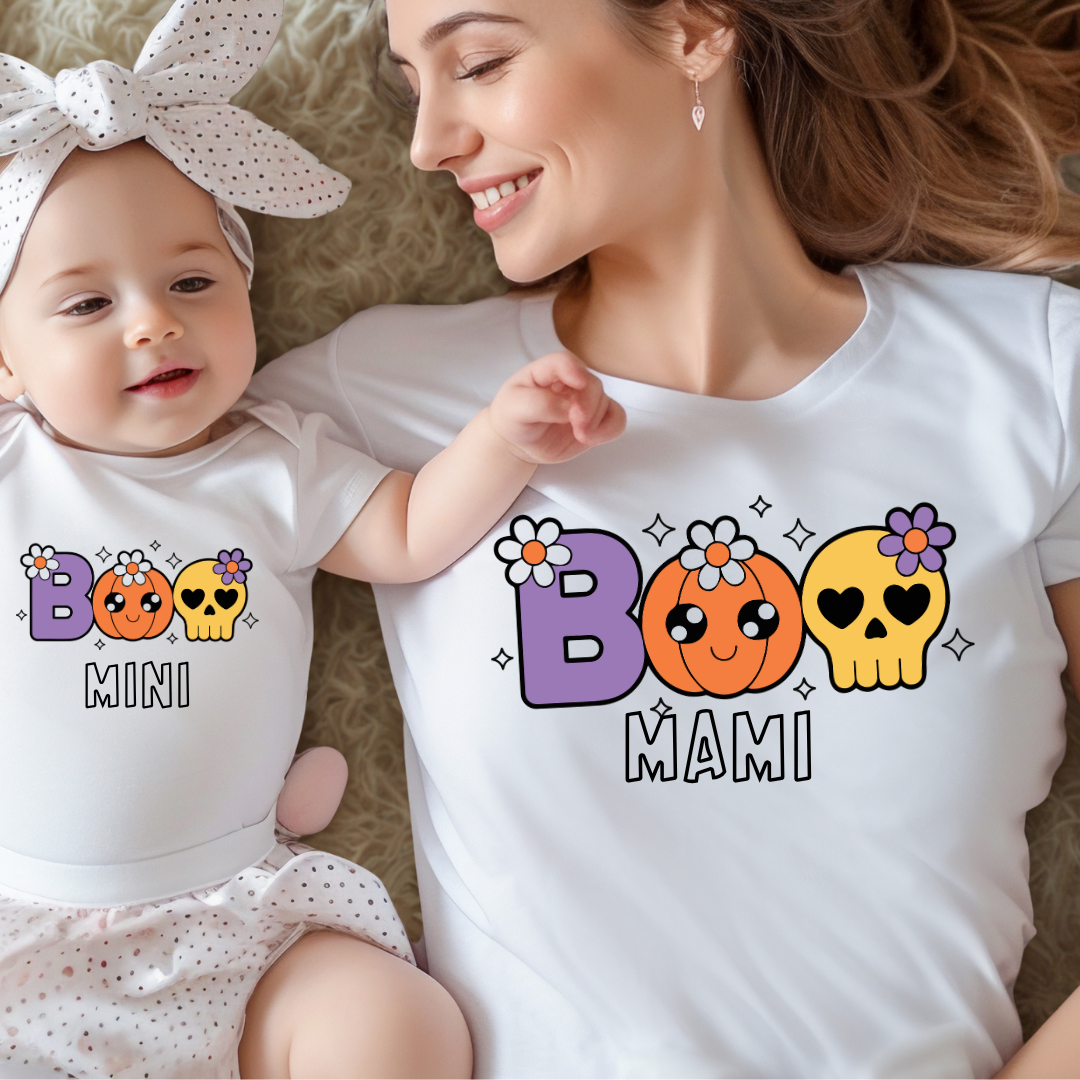 Ujemajoča Halloween oblačila za mamo in dojenčka – majica in bodi z motivom  in napisom BOO