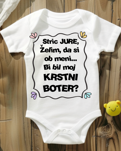 Bodi za dojenčka z vprašanjem Boš moj krstni boter – personalizirano darilo za krst