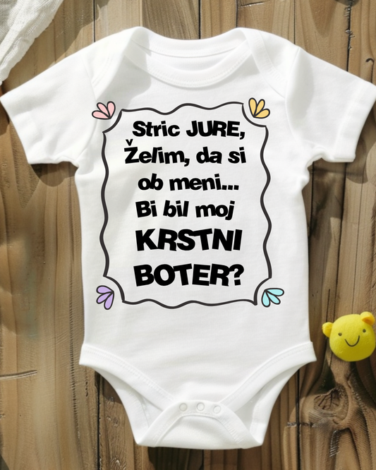 Bodi za dojenčka z vprašanjem Boš moj krstni boter – personalizirano darilo za krst