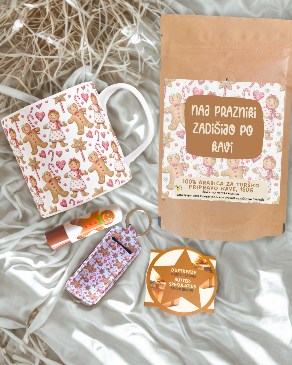 božični paket za darilo vsebuje skodelico, 150g kave, etui, balzam in svečo, personalizirano