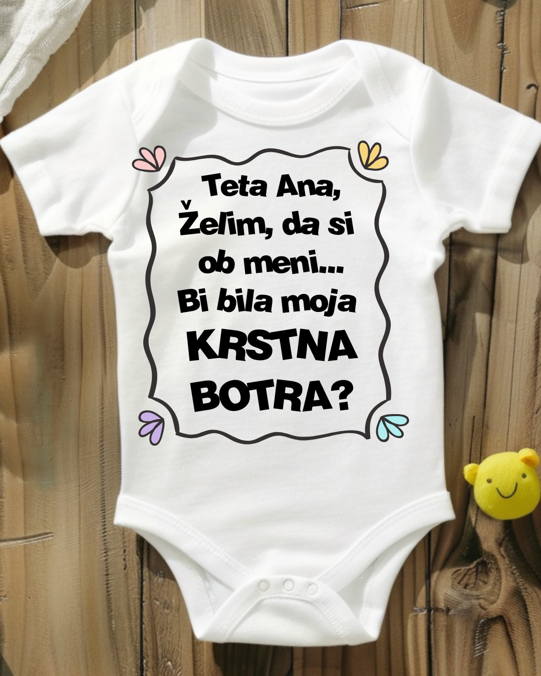 Bodi za dojenčka z vprašanjem Boš moj krstni boter – personalizirano darilo za krst