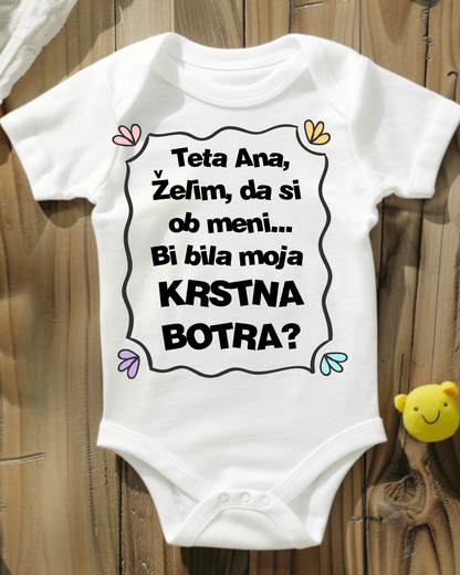Bodi za dojenčka z vprašanjem Boš moj krstni boter – personalizirano darilo za krst