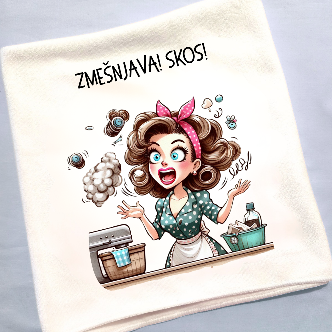 Kuhinjska krpa, brisača z napisom Zmešnjava! Skos! za darilo prijateljici 