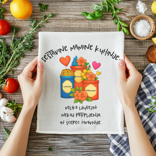 Kuhinjska brisača z napisom Sestavine mamine kuhinje, veliko ljubezni nekaj potrpljenja in ščepec čarovnije  – darilo za mami