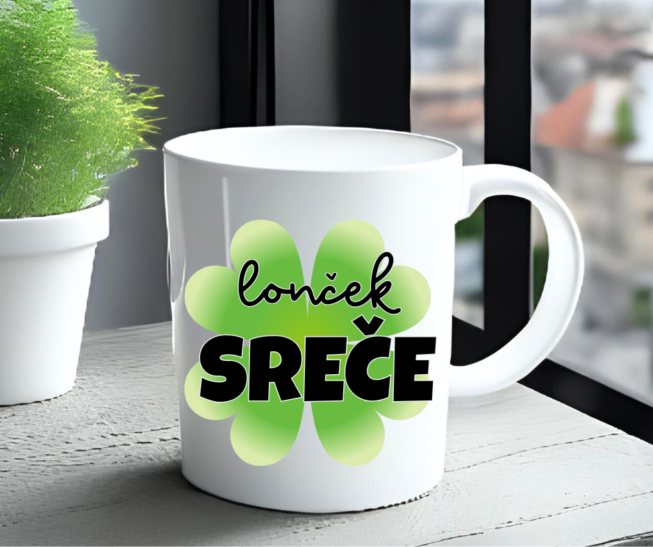 Skodelica z napisom Lonček sreče – darilo za partnerja, prijateljico ali mamo