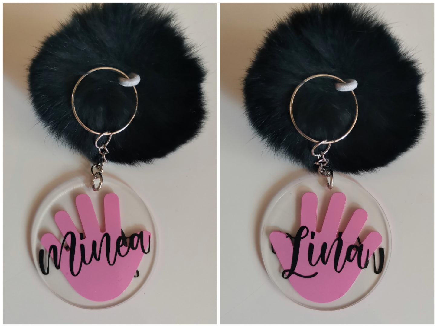 personaliziran obesek za ključe z motivom roke in napisom otroških imen