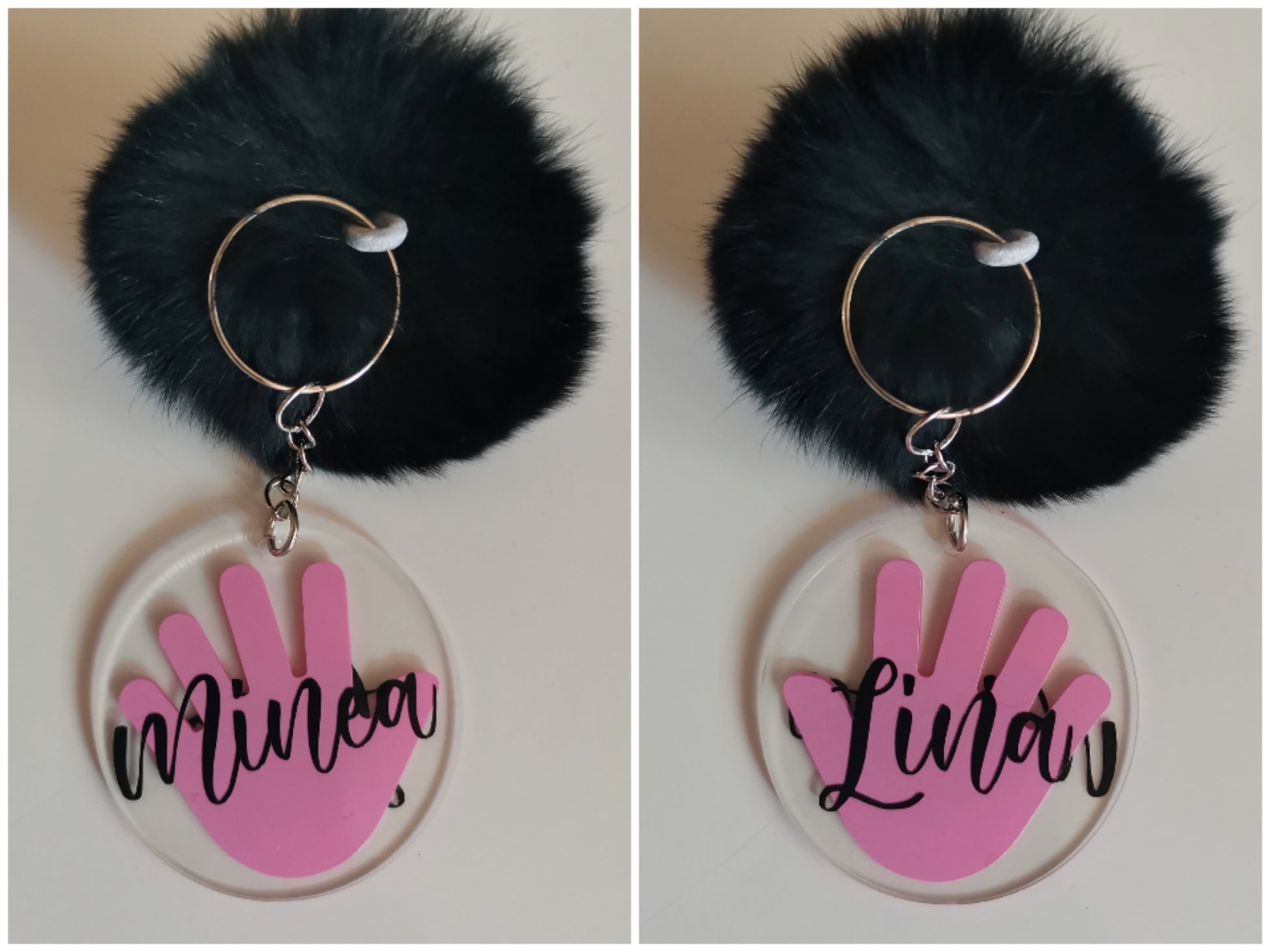 personaliziran obesek za ključe z motivom roke in napisom otroških imen