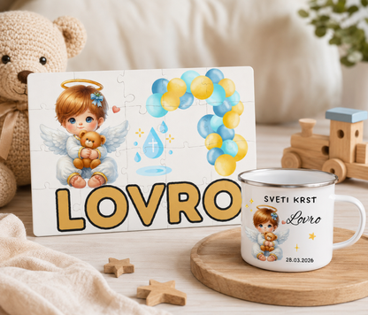 DARILO SESTAVLJANKA IN EMAJLIRANA SKODELICA ZA SVETI KRST DECEK ALI DEKLICA, PERSONALIZIRANO DARILO ZA KRST