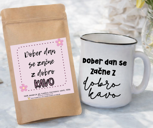 Darilni komplet – skodelica in kava z napisom “Dober dan se začne z dobro kavo”, popolno darilo za ljubitelje kave.