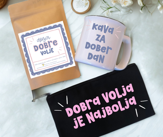 Darilni komplet za dobro voljo – kava, skodelica in torbica z motivacijskimi napisi v pastelnih barvah