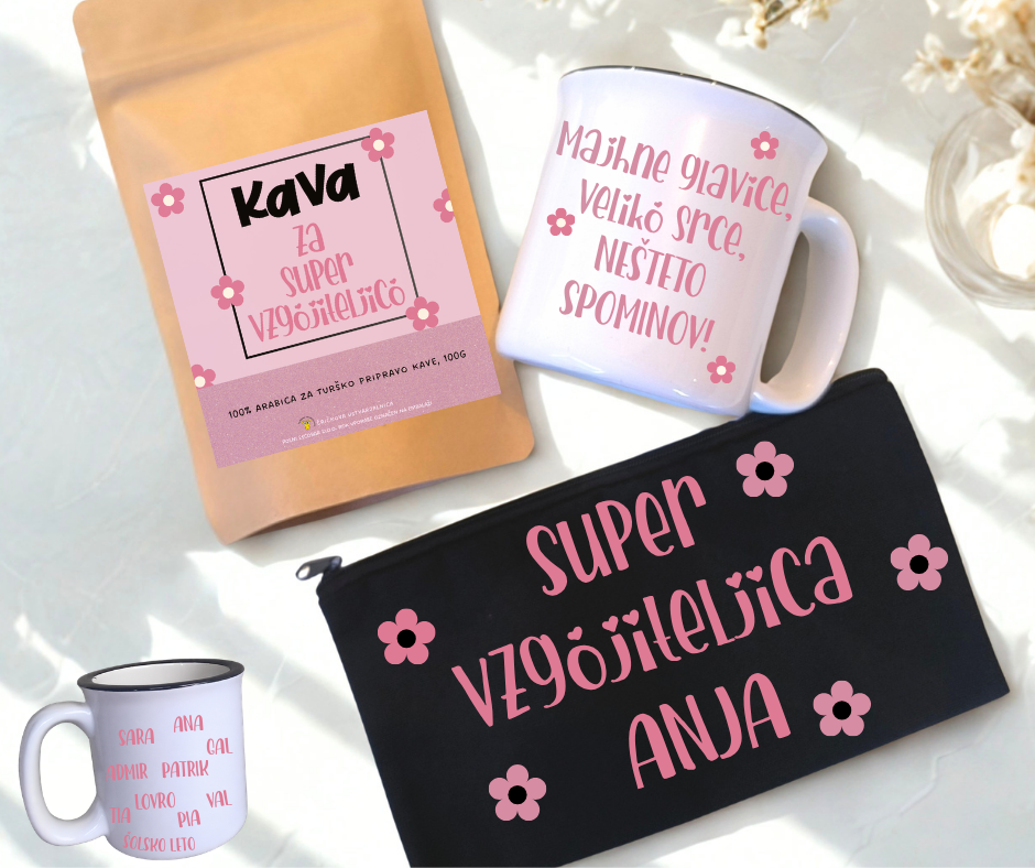 "Darilni komplet za vzgojiteljico – kava, skodelica in torbica z napisi Super vzgojiteljica in majhne glavice, veliko srce, nešteto spominov.