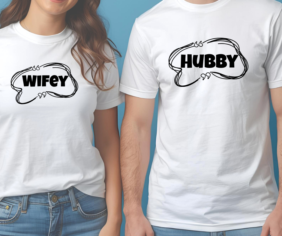 Ujemajoči majici z napisi Wifey in Hubby – zabavno darilo za par ali obletnico