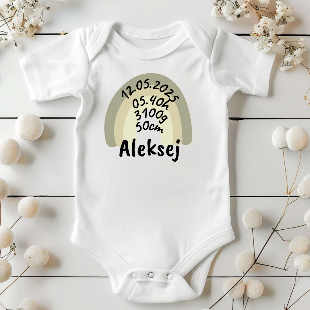 Bodi s podatki rojstva in imenom, za darilo ob rojstvu novorojenčka, motiv mavrice