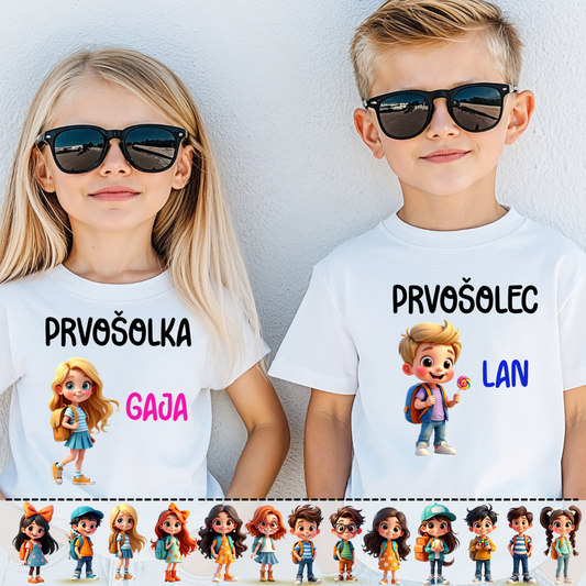 Otroški majici za prvošolca in prvošolko – personalizirani napisi Prvošolec in Prvošolka z motivom.