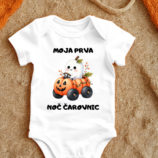 Bodi Prva noč čarovnic za dojenčke z motivom duha ki vozi bučo