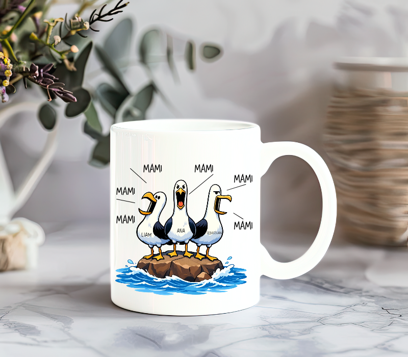 Smesna skodelica z galebi, imena otrok